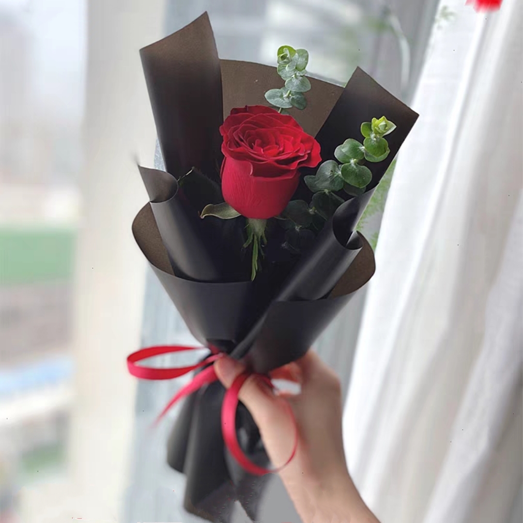 爱如氧气-1朵红玫瑰花配尤加利