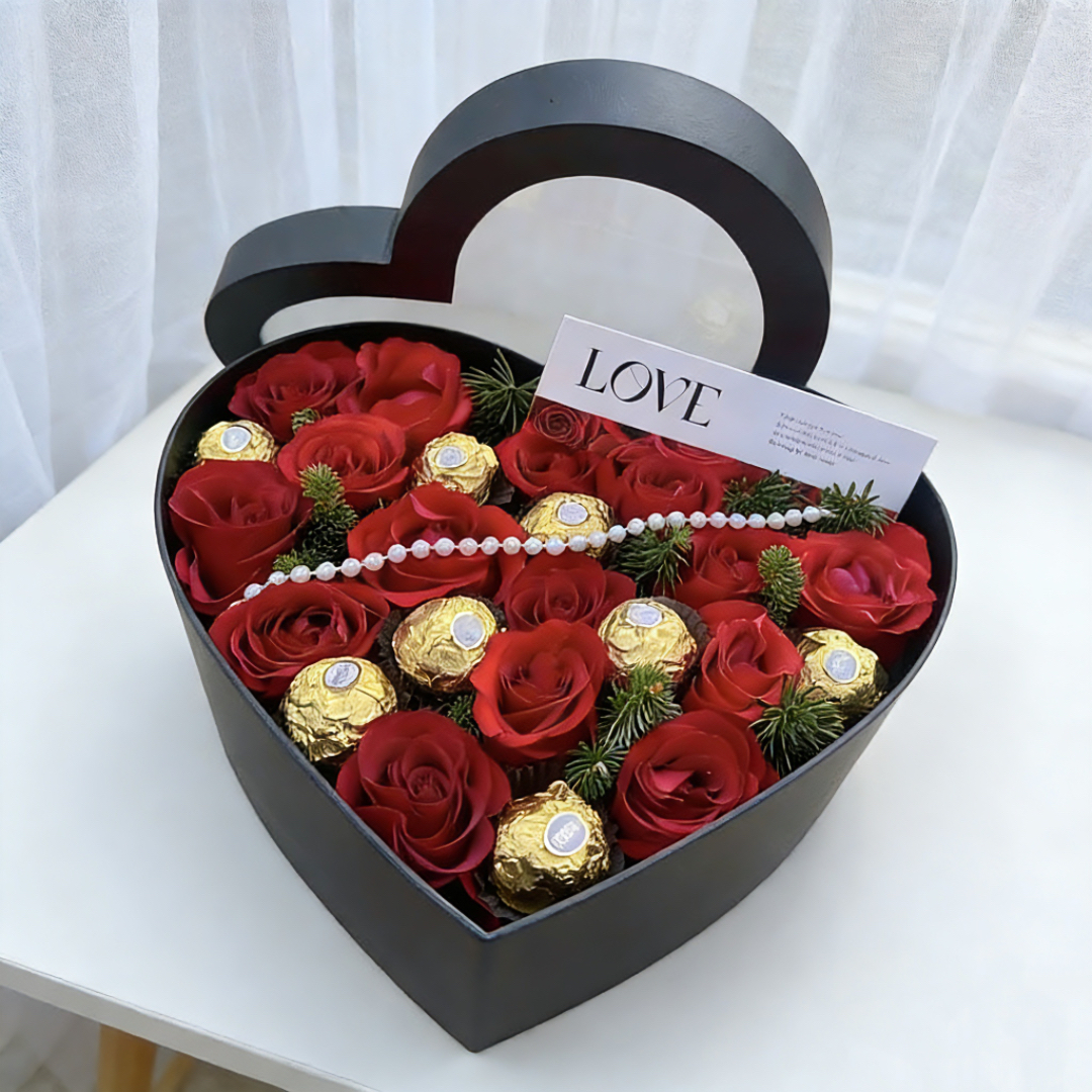 心上人/16朵红玫瑰配8颗费列罗精美爱心礼盒盛放花店送花上门