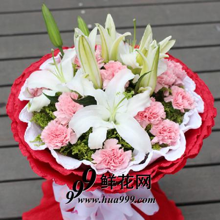 暖暖情谊/9朵白色百合花花+11朵粉色康乃馨，精美花束包装