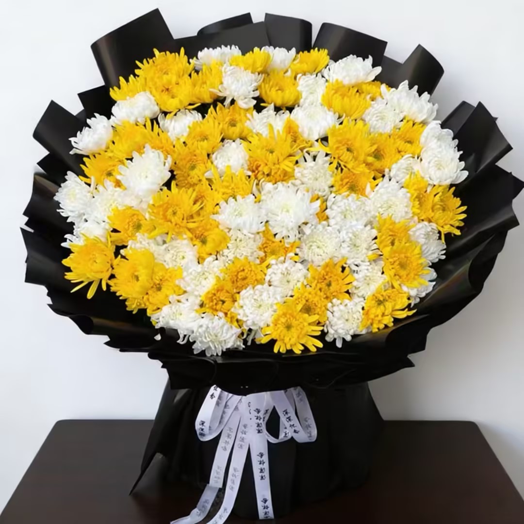 怀忆/99朵黄白菊花混搭精美花束包装同城配送扫墓祭奠祭祖供奉花