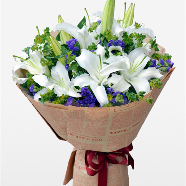 幸福花园-18朵百合花+黄英+勿忘我精美英文报精美包装