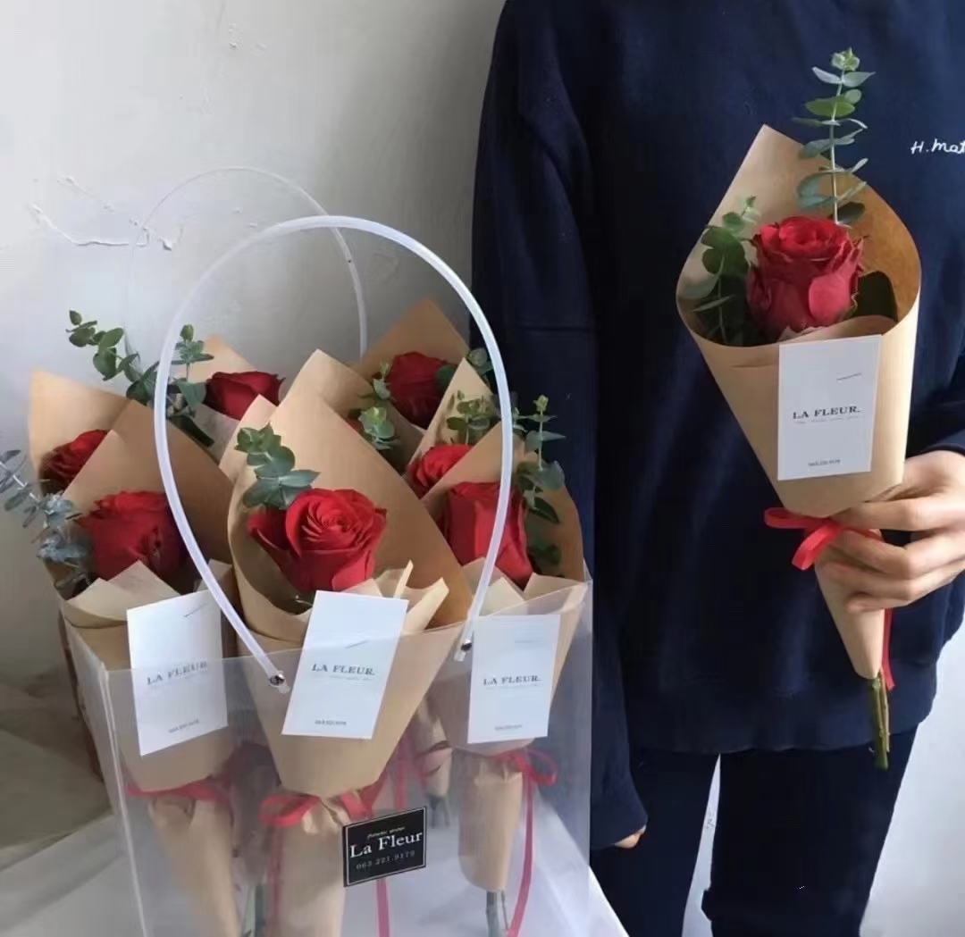 眷恋-1朵红玫瑰花配尤加利精美冰淇淋花束包装