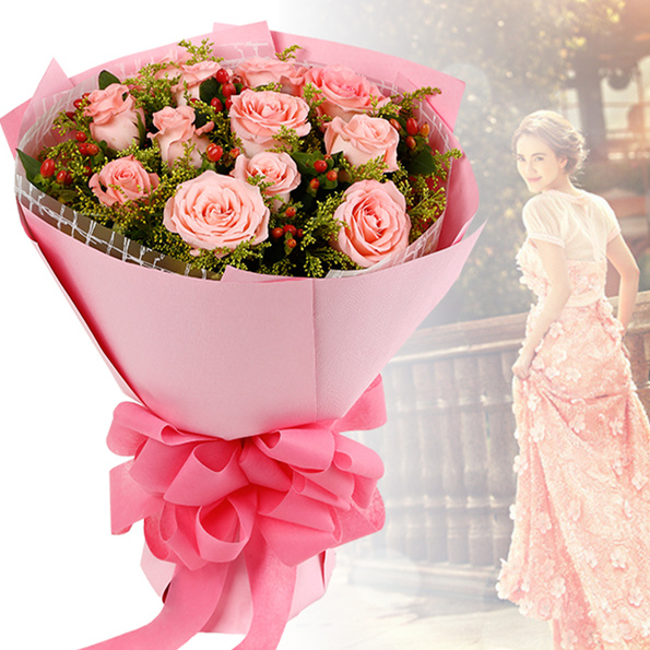 相思未满——11朵粉玫瑰花配黄