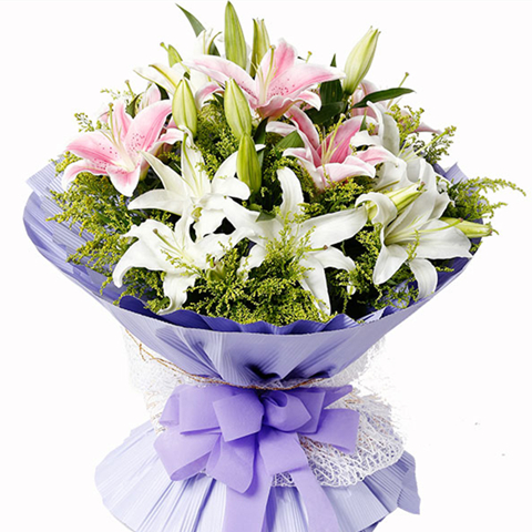 清水香韵-12朵百合花，12朵粉百合，搭配黄莺点缀