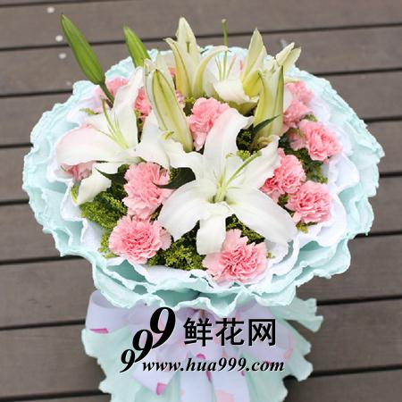 感激/6朵白色百合花+11朵粉色康乃馨精美花束包装