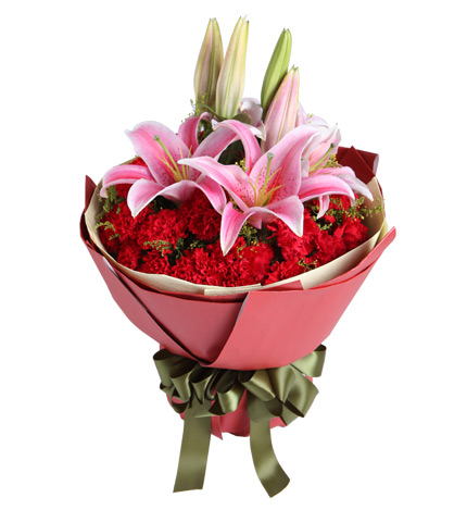 感激/6朵粉色百合花29朵红色康乃馨精美花束包装