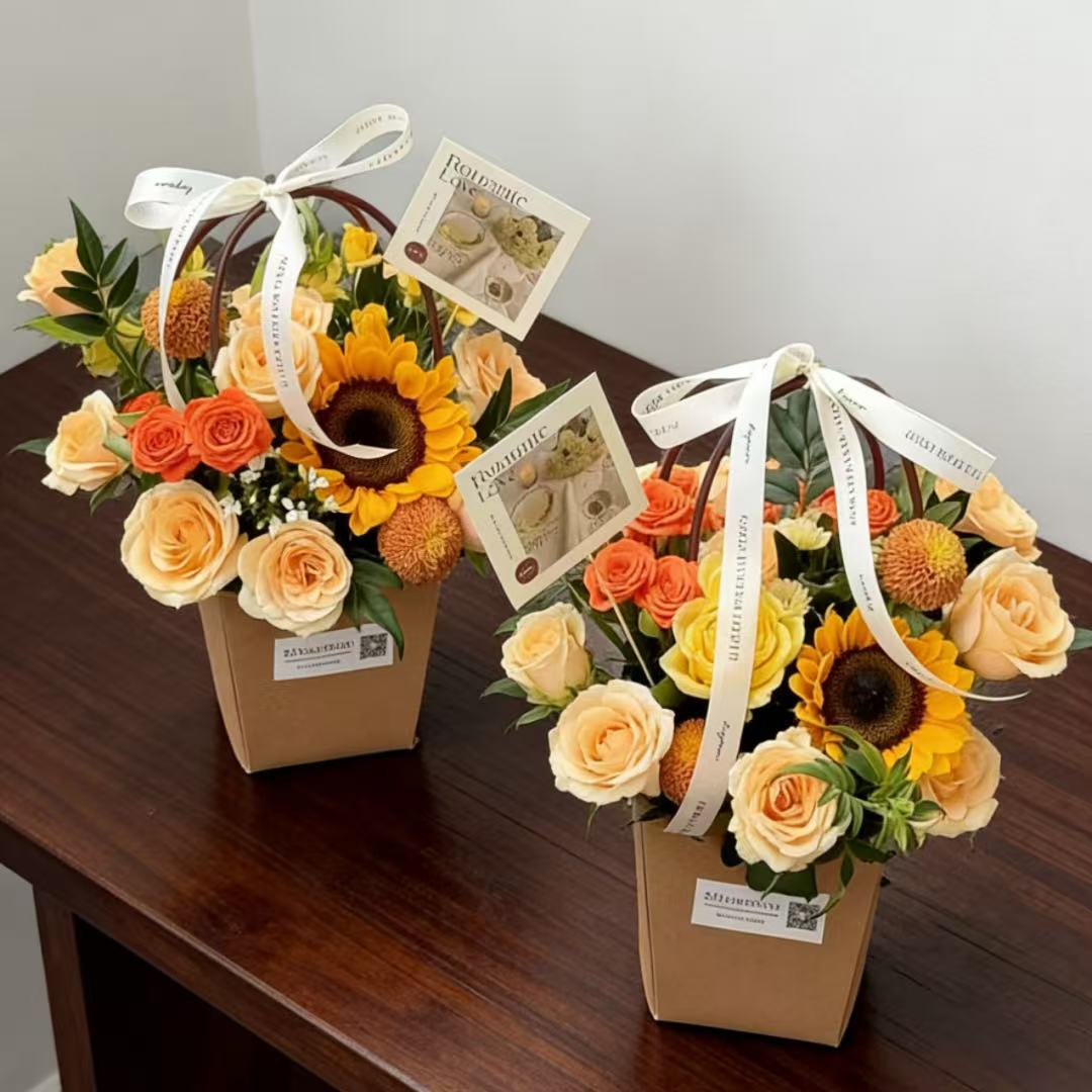 飞黄腾达/向日葵配9朵香槟玫瑰