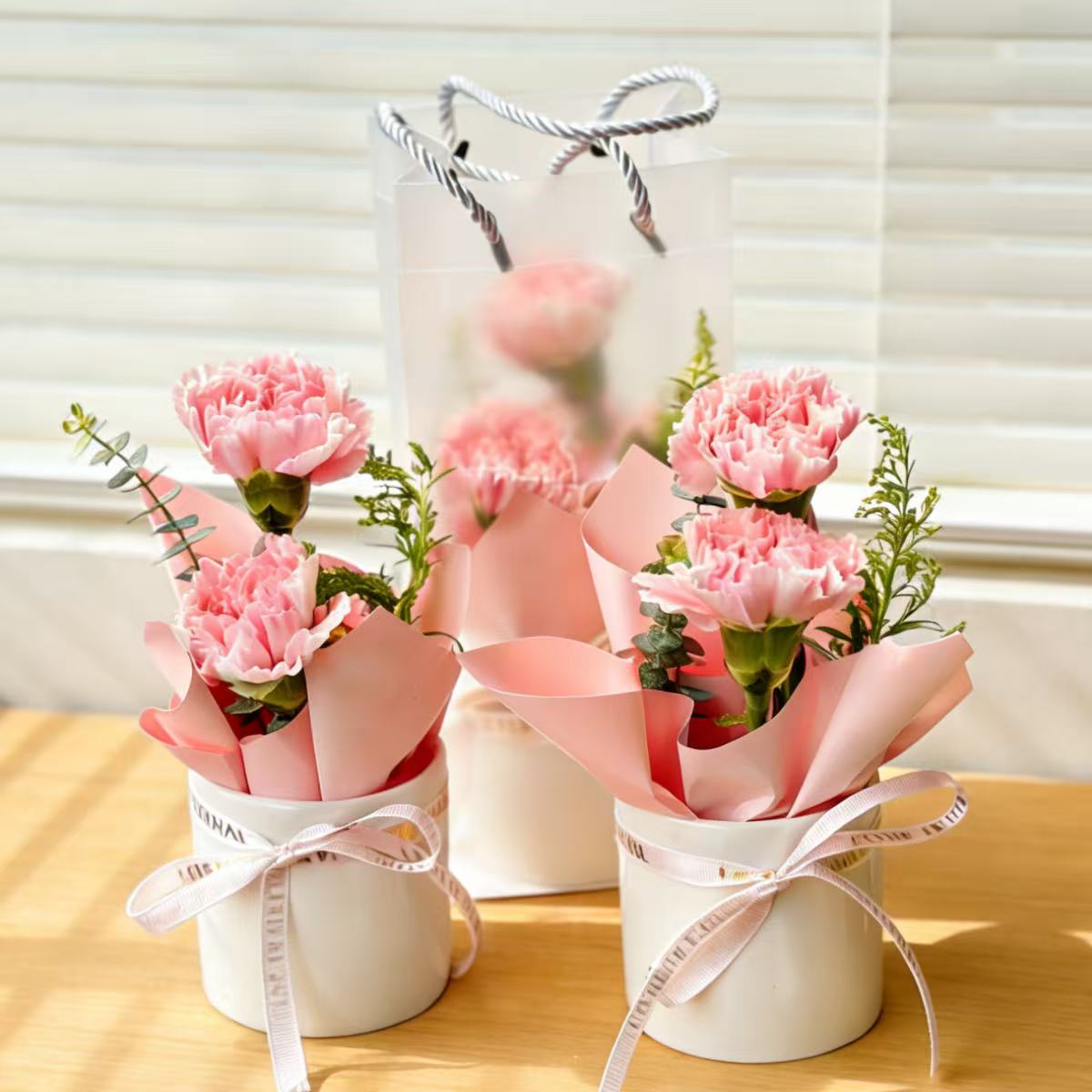 【健康喜乐】迷你抱抱桶花礼2朵康乃馨配尤加利小桌花好看好玩赠送礼品袋