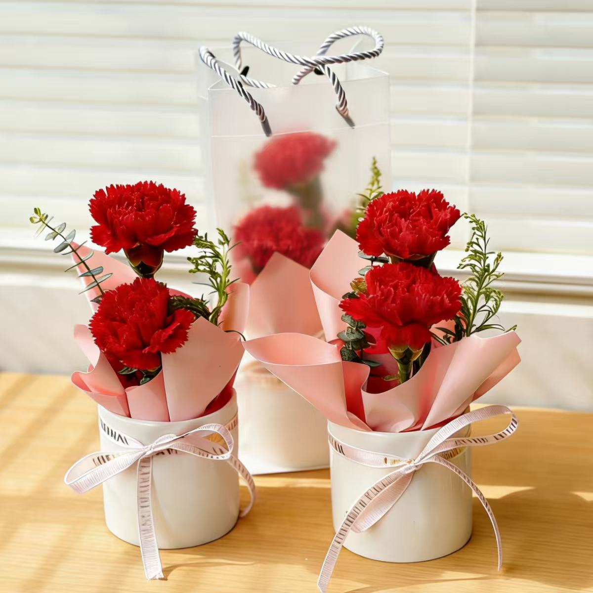 【健康喜乐】迷你抱抱桶花礼2朵康乃馨配尤加利小桌花好看好玩赠送礼品袋