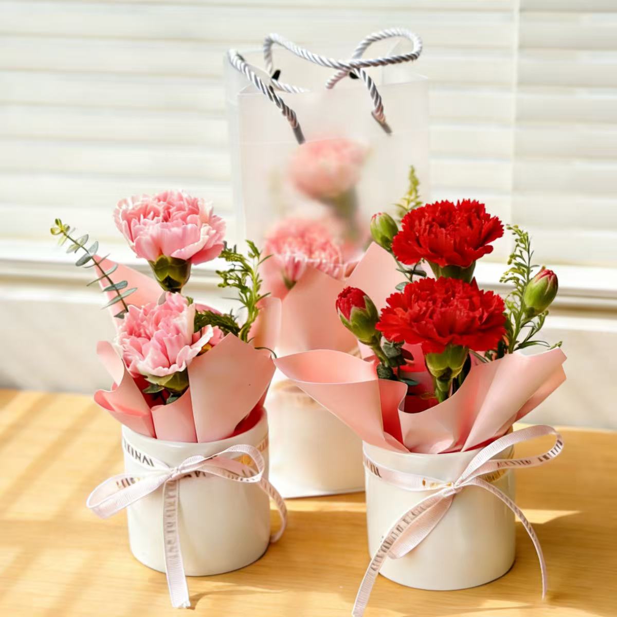 【健康喜乐】迷你抱抱桶花礼2朵康乃馨配尤加利小桌花好看好玩赠送礼品袋