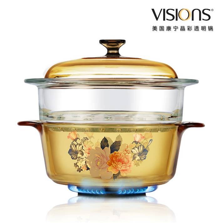 VISIONS 美国康宁晶彩透明锅（富贵吉祥花卉系列） VS-22-FLR+Glass Steamer （2.25升花卉汤锅带20cm蒸格组合）