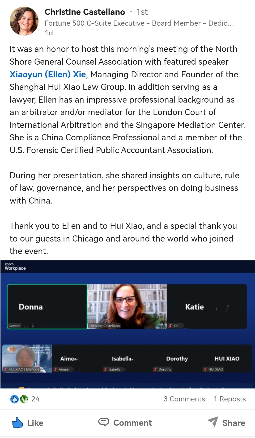 2026年1月：恭喜谢晓云主任和律师与慧晓在美国市场成功建立良好市场影响力January 2026: Congratulations to Ellen Xie (Managing Director and Lawyer) and HUI XIAO for Successfully Establishing A Strong Market Presence in the U.S. Market