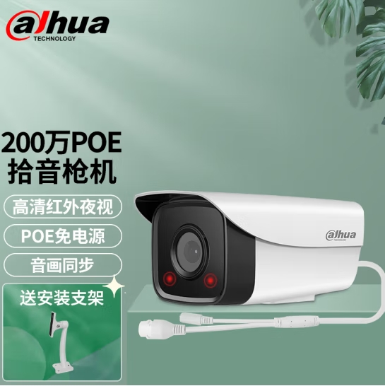 dahua大华监控摄像头室外POE网线供电户外高清夜视枪机摄像头1080P双灯拾音版 3.6MM