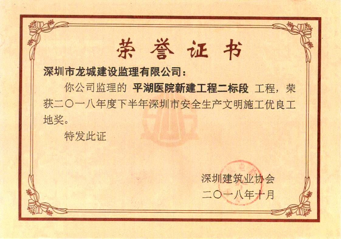 平湖醫(yī)院新建工程二標(biāo)段安全生產(chǎn)文明施工優(yōu)良工地獎