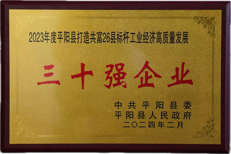 2023年度平陽縣打造共富26縣標(biāo)桿工業(yè)經(jīng)濟(jì)高質(zhì)量發(fā)展三十強(qiáng)企業(yè)