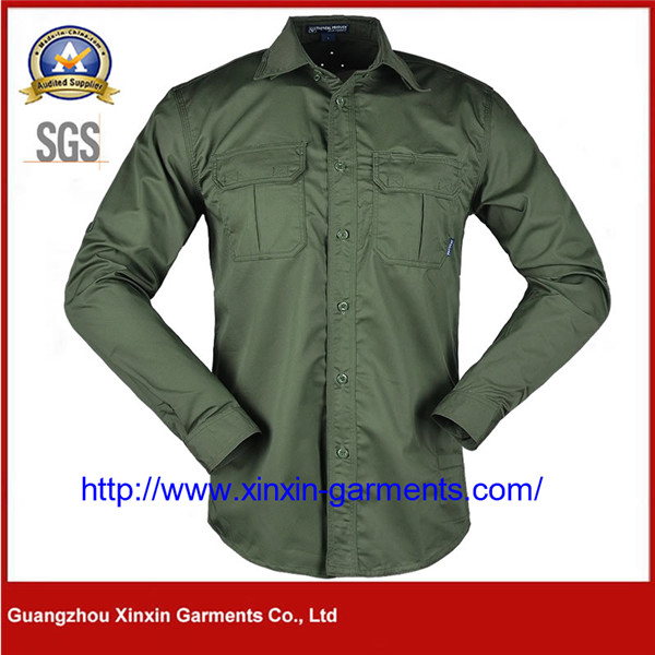 Breathable Olive Green Long-sleeve Mounted 2-pockets Tactical Shirt (W2118)