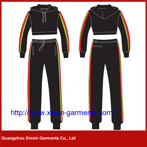 Fashion Design Women Hooded Crop Top Tracksuit Striped Sport Jogging Suits Wholesale (T430)