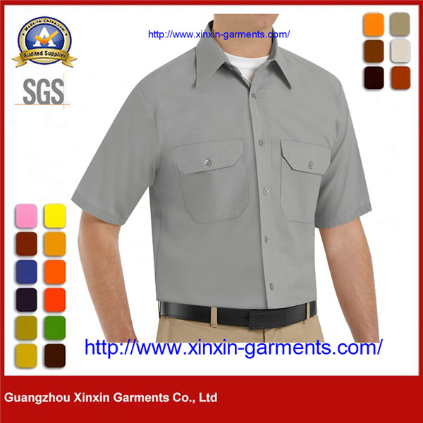 Custom Grey Button Front Short Sleeve Cotton Drill Work Shirts​ W2629