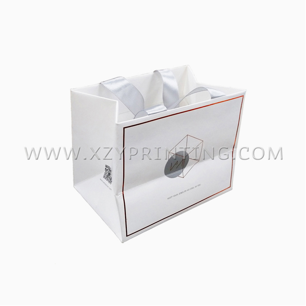 Custom Fashion products jewelry white paper bag with wide ribbon and logo print