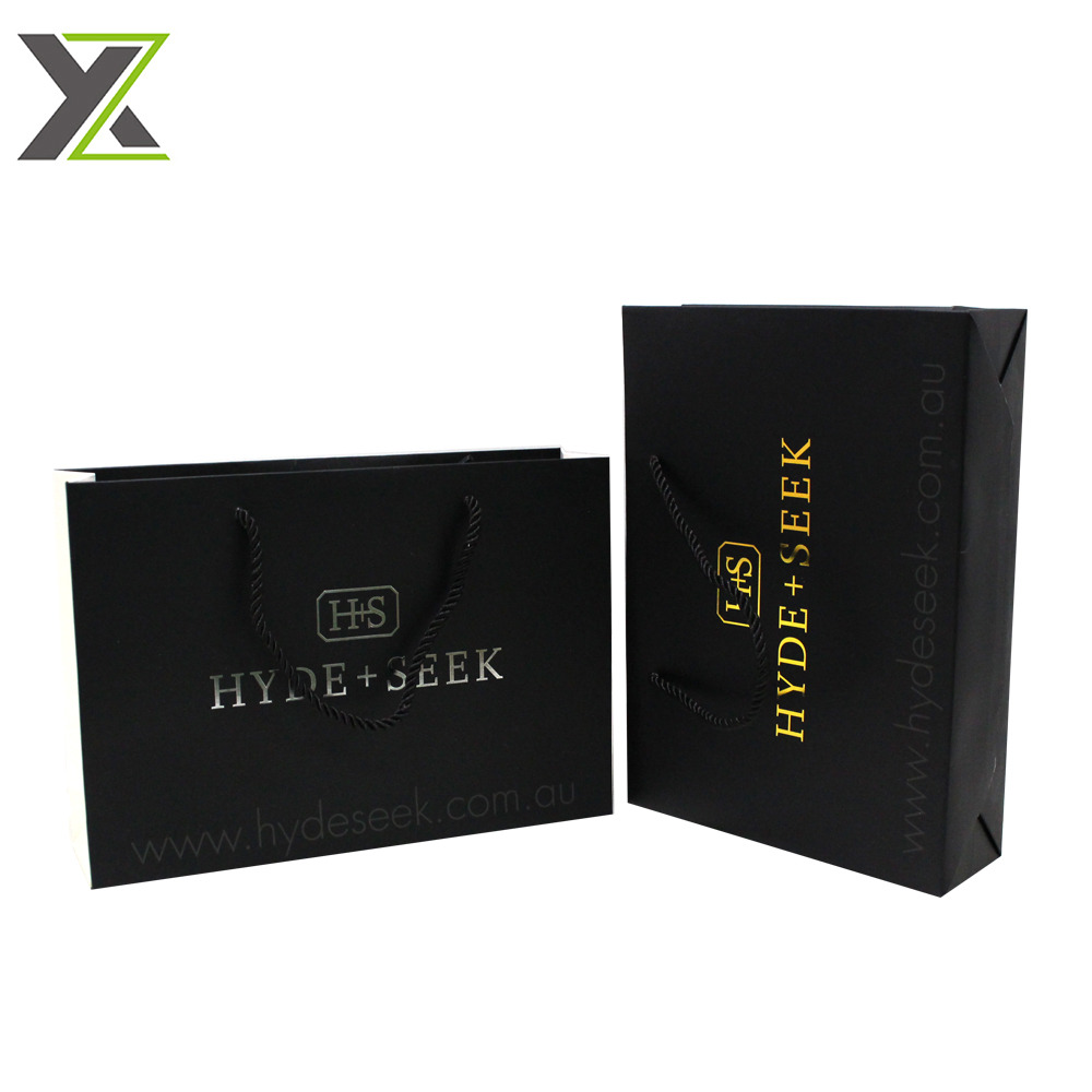 Custom OEM brand shoes gold foil logo black gift shopping paper bags