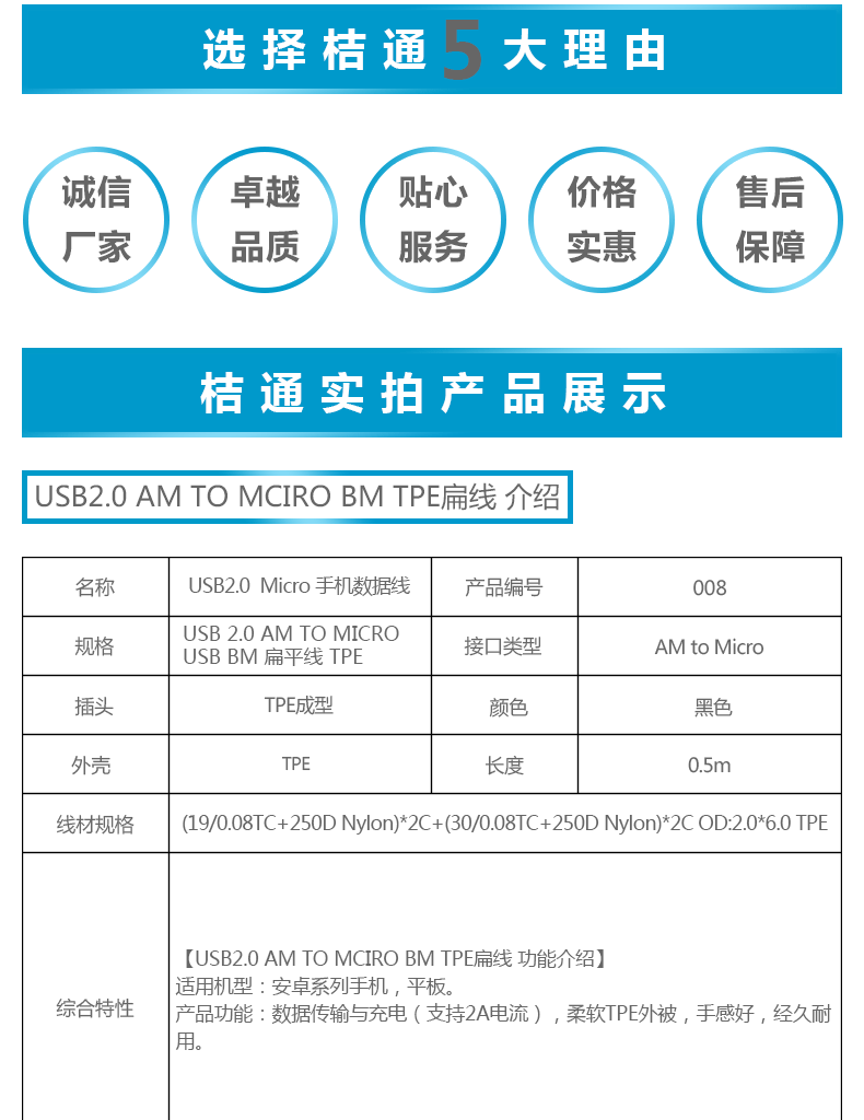 USB2.0 AM TO MCIRO BM TPE扁线手机数据线