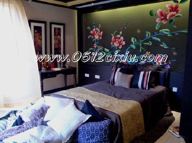 苏绣背景墙-黑纱牡丹