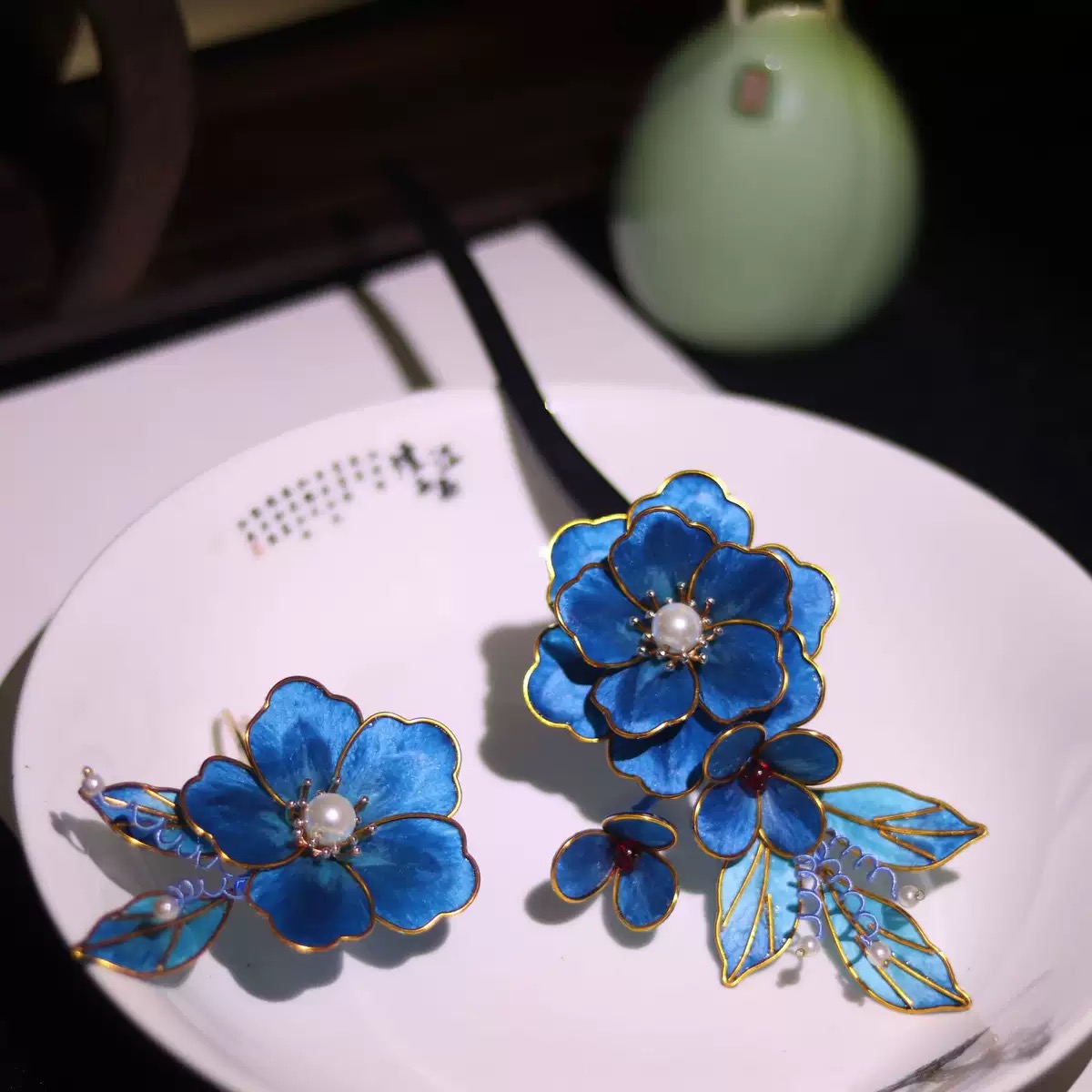 非遗绒花发簪黑檀木套装