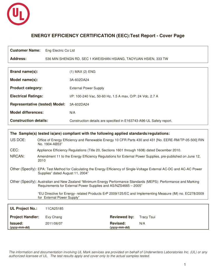 Cover Page Test Report for Energy Efficiency_11CA25185_ENG ELECTRIC CO LTD_3A-602DA24