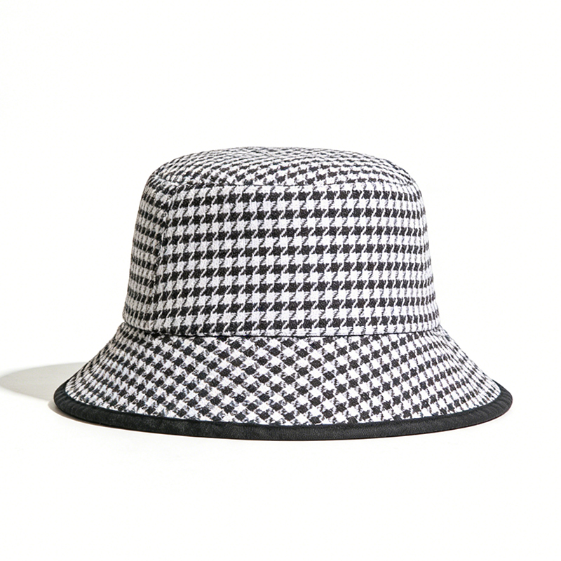 小香风千鸟格双面戴包边撞色渔夫帽