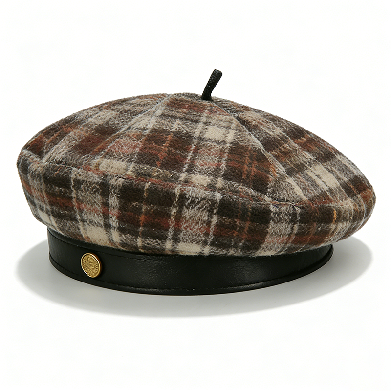 复古格纹贝雷帽画家帽子女