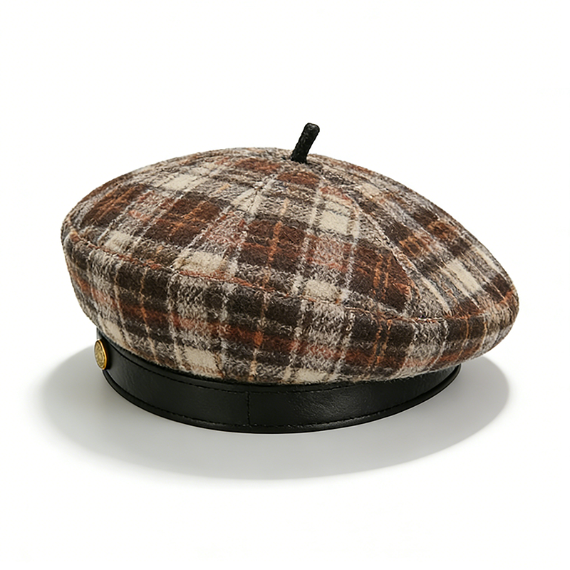 复古格纹贝雷帽画家帽子女