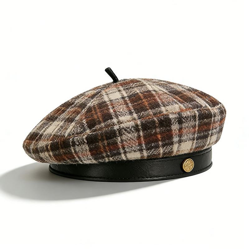 复古格纹贝雷帽画家帽子女
