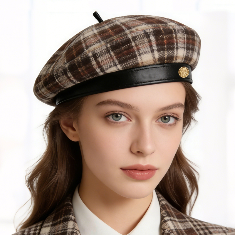复古格纹贝雷帽画家帽子女