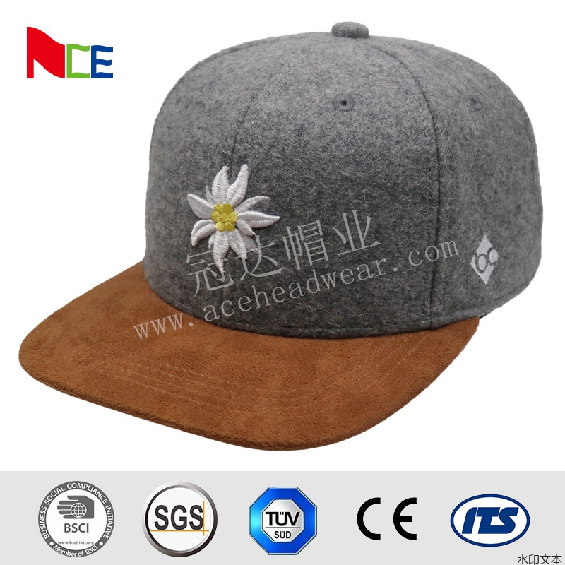 毛呢黑色3D立体绣平沿帽