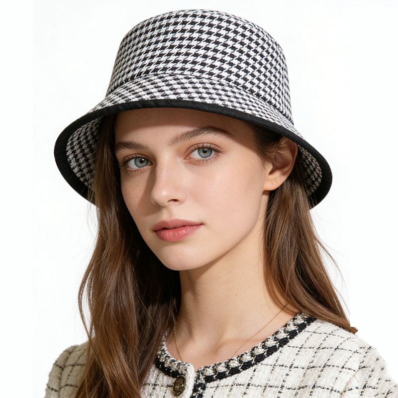 小香风千鸟格双面戴包边撞色渔夫帽