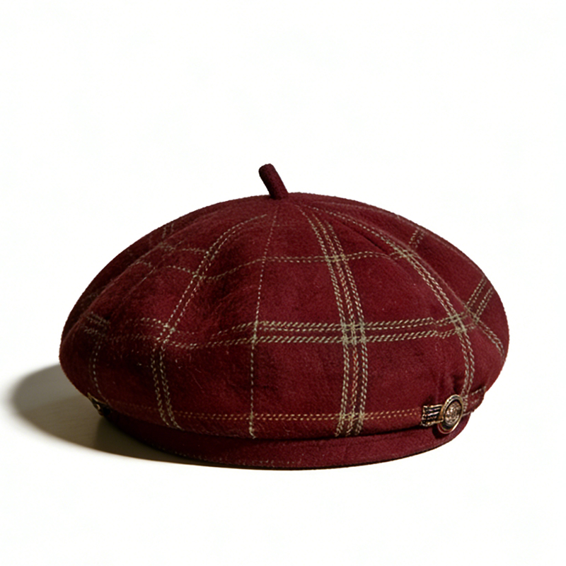 英伦格纹八角帽毛呢贝雷帽