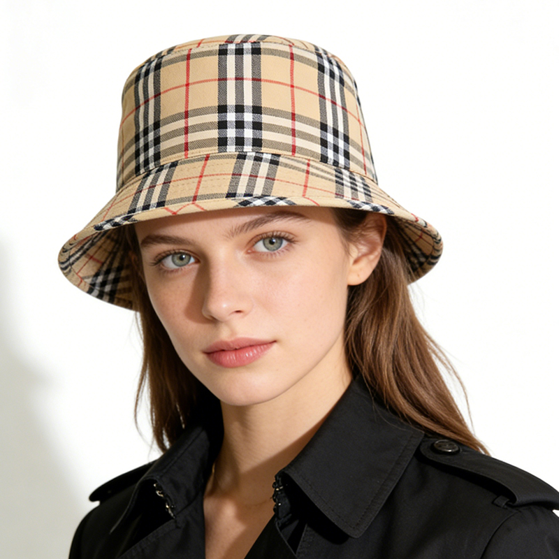 英伦撞色格子渔夫帽