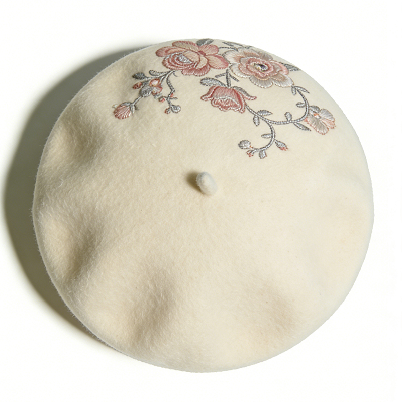 花卉绣花精美贝雷帽呢料