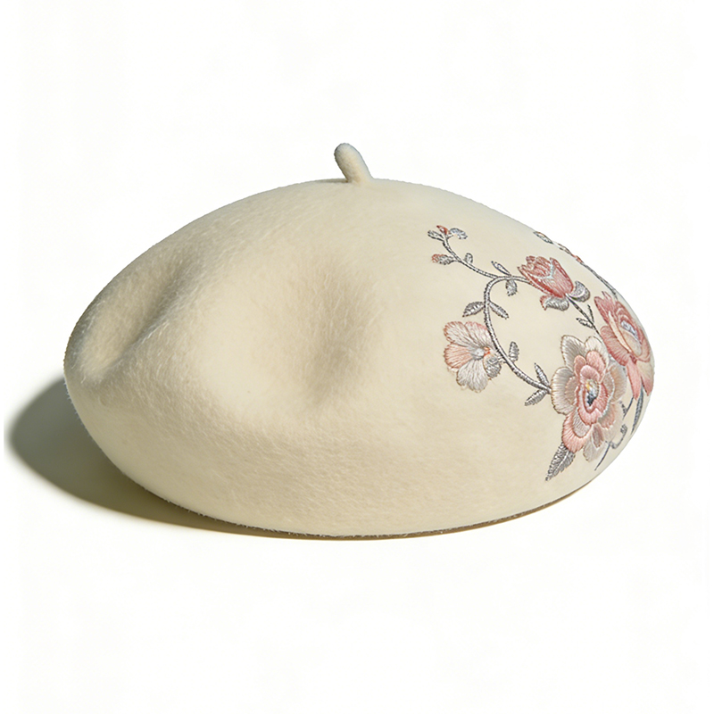花卉绣花精美贝雷帽呢料