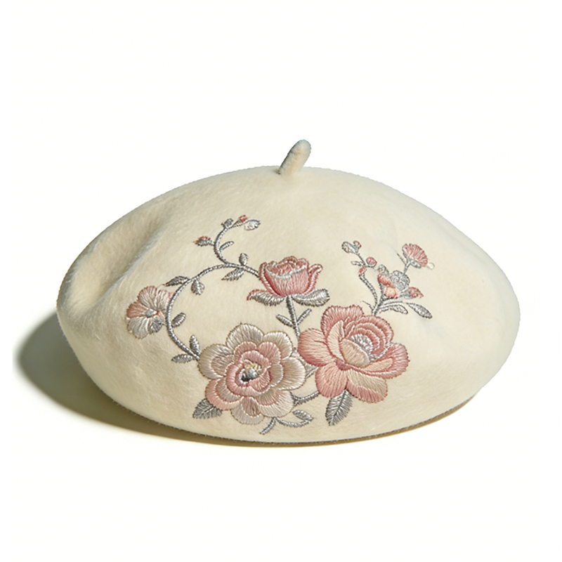 花卉绣花精美贝雷帽呢料