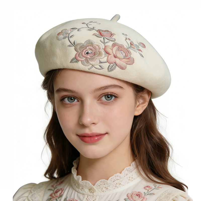 花卉绣花精美贝雷帽呢料