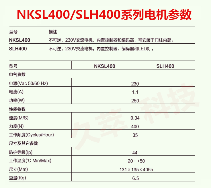 意大利耐氏(Nice)平移门电机SLH400/NKSL400技术参数