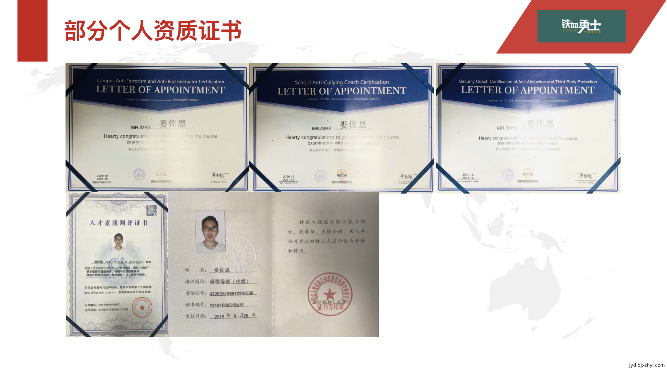 北京铁血勇士竞技运动俱乐部主理人部分资质证书国际儿童安防证书