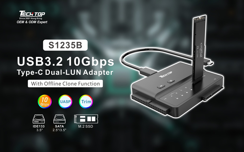 S1235B: USB3.2 10Gbps Type-C to M.2 & SATA3 & IDE133 Dual-LUN Adapter with Offline Clone