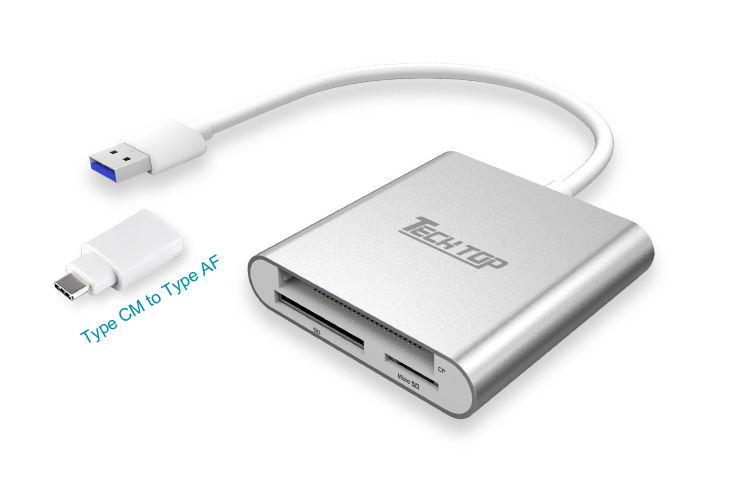 Y-9313D: USB3.0 to SDHC/SDXC/Micro SD/CF Aluminum Card Reader + Type C Adaptor