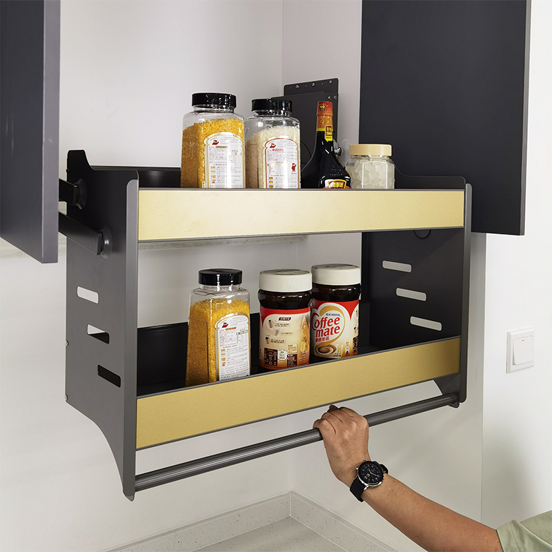 铝合金板式升降拉篮厨房橱柜下拉层篮收纳得