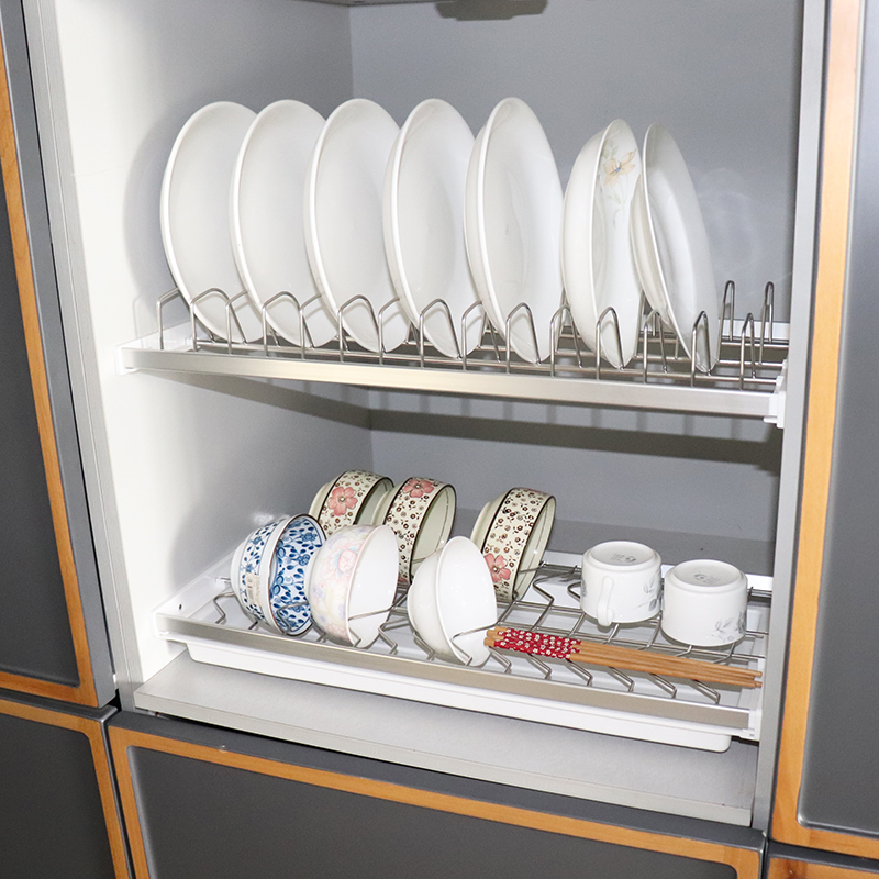 HOFFNUNG 上橱柜304实心不锈钢双层碗架吊柜碗碟篮碗盘沥水拉篮碟架篮