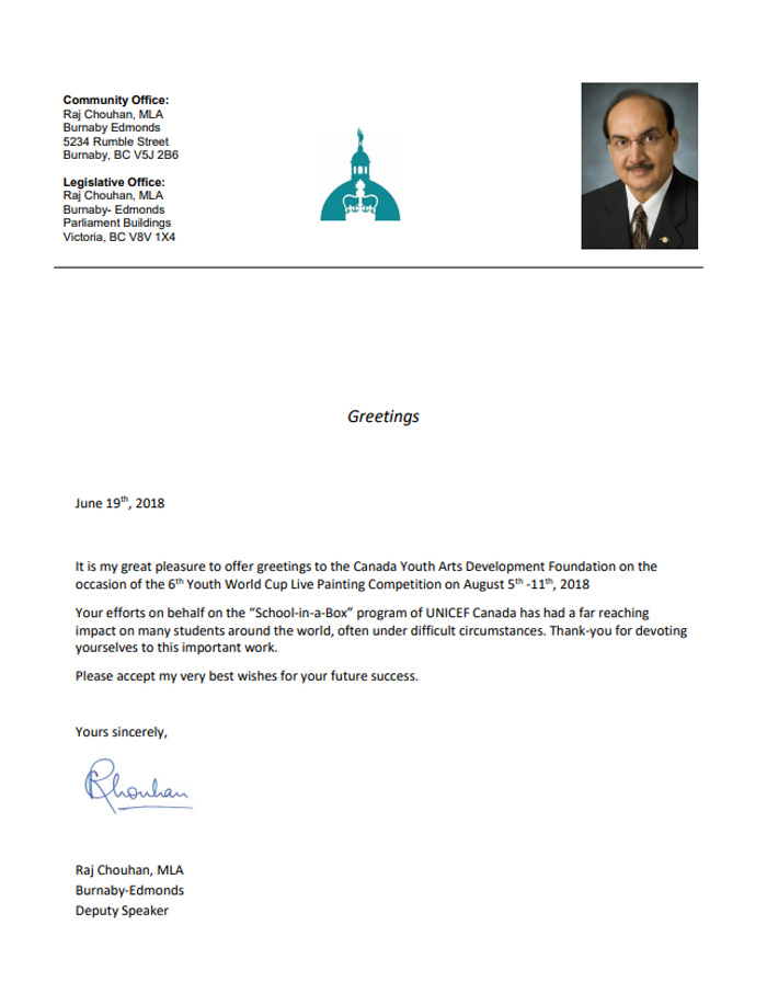 省議員Raj Chouhan賀信
