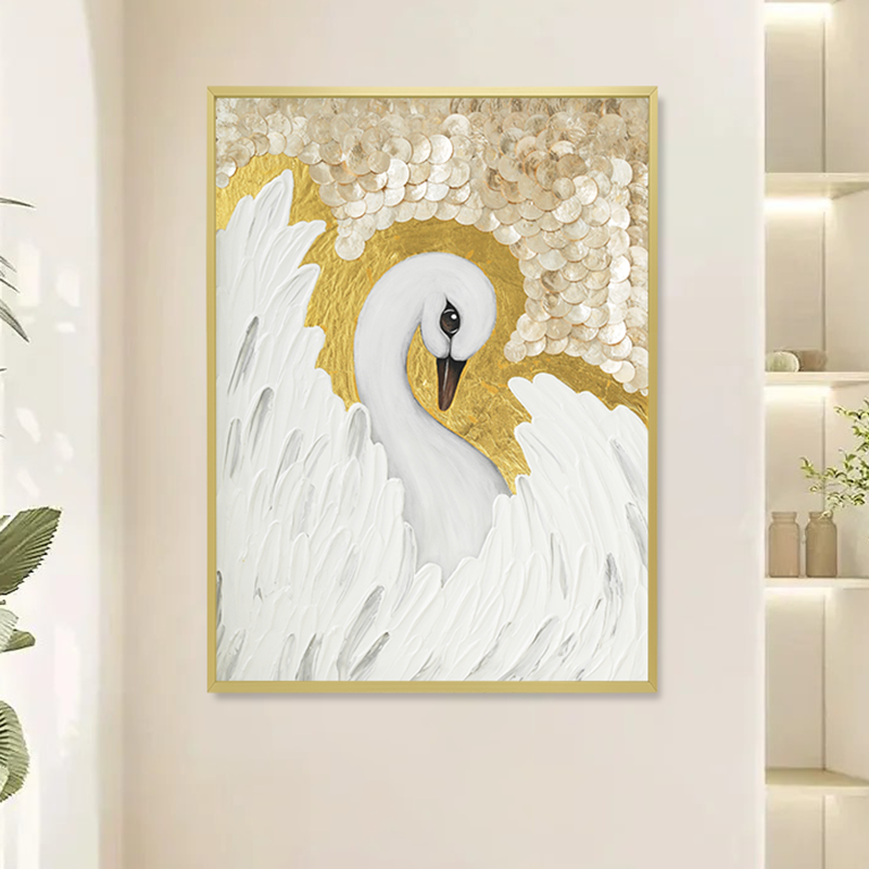 Shell decoration hand-painted white swan art oil painting