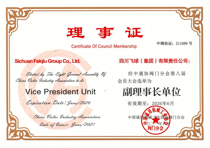 中阀协副理事长单位证书